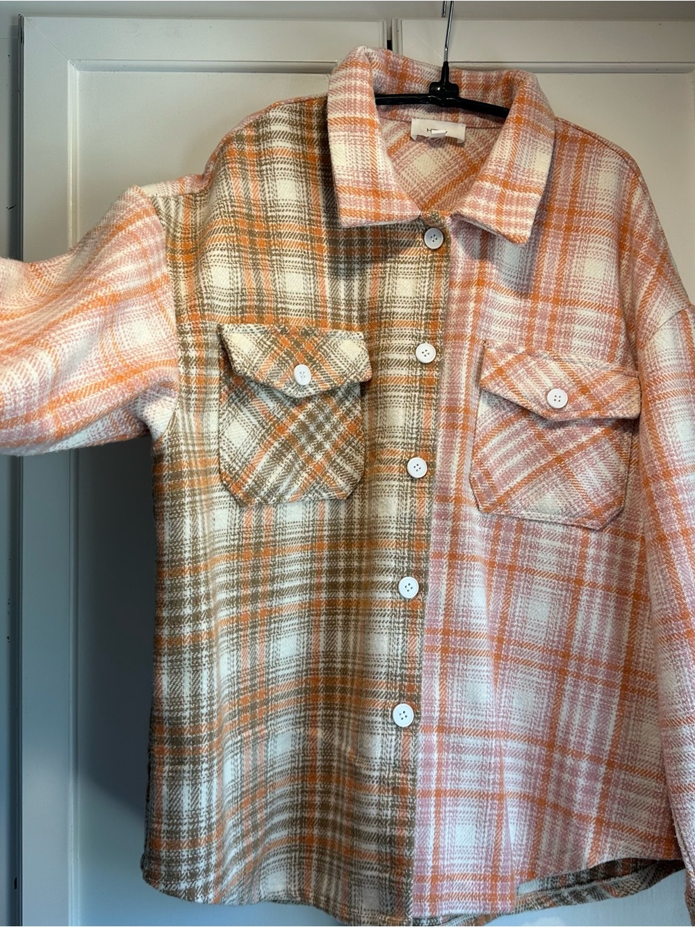 Plaid Button-Down Shacket in Peach & Cream